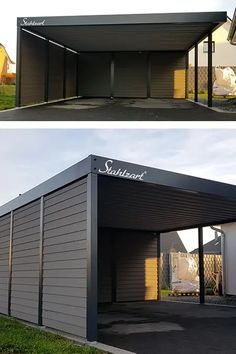 two pictures of the same garage in different stages of being opened and closed, one is empty