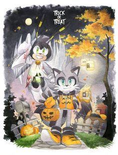 an image of two cartoon cats with pumpkins