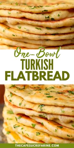 a stack of flatbreads with cheese and parsley on top, in front of the text overlay