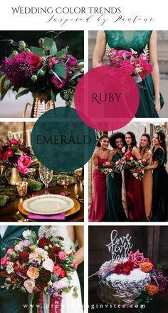 the wedding color trend is burgundy, green, and pink in this photo collage