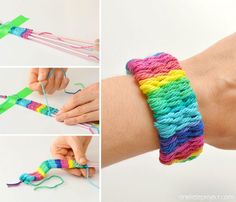 there are four different pictures of the same handmade bracelets with yarn on them