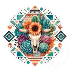 a bull skull with flowers and succulents on it's face, surrounded by geometric shapes