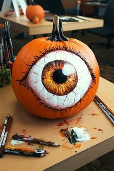 a pumpkin with an eye painted on it and some crayons next to it