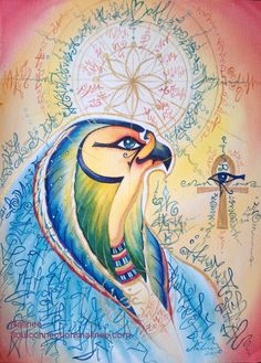 a painting of an egyptian falcon with the sun in the background and writing all over it