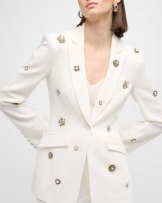 Cinq à Sept 'Cheyenne' signature blazer showcases embroidered gold-tone crystal and pearly brooches.Notched lapels.Long sleeves.Five-button cuffs.Decorative front flap pockets.Back vent.Tailored fit.Falls below the hips.Single button closure Triacetate/polyester Dry clean Imported Model is 5'10'/177cm. Designer Gold Blazer, Designer Gold Blazer For Party, White Embellished Blazer For Party, White Embellished Party Blazer, Elegant White Embellished Blazer, Elegant Embroidered Blazer For Fall, Elegant Embroidered Blazer For Party, Glamorous Gold Blazer For Formal Occasions, Glamorous Gold Formal Blazer