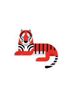 a red and black tiger sitting on top of a white background