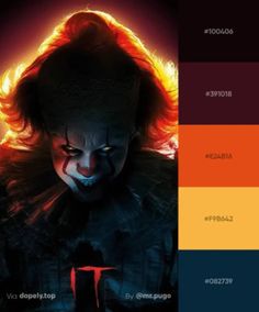 the it movie poster with clown makeup and red hair in front of an orange background