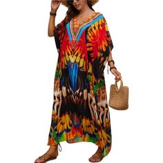 *Versatile Size Options: This Kaftan Maxi Beach Dress Is Suitable For S,M,L,Xl,Xxl,3xl, Bust: 61.0" Length: 53.9" Shoulder: 34.6"Catering To Various Body Types. *Flowing Kaftan Design: Featuring An Elegant Kaftan-Style Design, It Exudes Charm Whether You're At The Beach Or On Vacation. Its Maximum Length Provides Ample Coverage And Protection While Maintaining A Light And Airy Feel. *High-Quality Synthetic Silk Fabric: Crafted From Lightweight Synthetic Silk Fabric, This Moomoo Dress For Women E Multicolor V-neck Beach Dress For Vacation, Colorful V-neck Beach Dress, Multicolor V-neck Maxi Dress For Beach, Multicolor Cover-up For Vacation Day Out, Colorful Casual Maxi Dress For Beach Season, Tropical V-neck Beach Dress For Festival, Bohemian Printed Beach Dress For Vacation, Casual Multicolor Print Maxi Dress For Beach, Summer Bohemian Holiday Kaftan