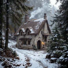 an old stone cottage in the woods with snow on the ground and trees around it