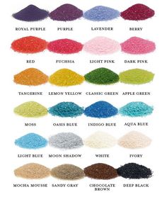 the color chart for different types of powders and their names are shown in red, blue