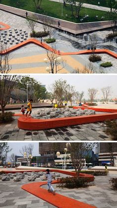 two pictures of children playing in an open area with fountains and benches, while another shows the park's water features