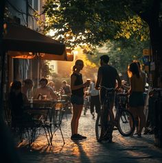 a woman standing next to a man on a bike