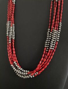 Sterling Silver Multi Strand Red Coral W Navajo Pearls Bead Necklace. 35 inch Navajo Pearls, Zuni Jewelry, Southwest Jewelry, American Southwest, Cluster Pendant, Multi Strand Necklace, Multi Stone, Red Coral, Multi Strand