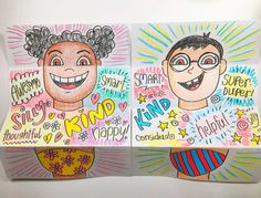 two drawings of children's faces with words written in different colors and phrases on them