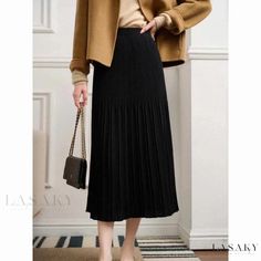 Lasaky - High-waisted Knitted Midi Skirt with Pleated Detailing and Wool Blend - Featuring a Hundred Folds in Elegant Styling Casual Ribbed Workwear Skirt, Elegant Knit Bottoms For Winter, Black Knit Skirt For Fall, Casual Knit Skirt For Work, Winter Knit Solid Color Skirt, Casual Black Ribbed Skirt, Non-stretch Pleated Winter Bottoms, Winter Pleated Full Length Bottoms, Knitted Midi Skirt