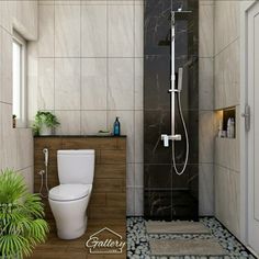 a bathroom with a toilet, shower head and tiled flooring in the corner next to a potted plant