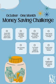 the money saving challenge poster is shown with an image of coins in a jar on it