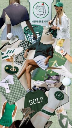 collage of women's clothing and accessories including shoes, hats, and golf balls