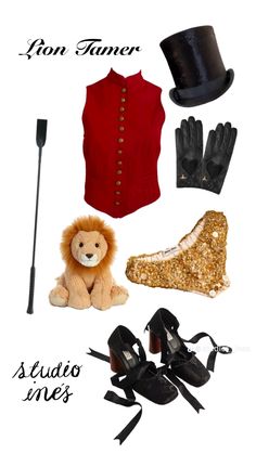 an assortment of items that include shoes, a top hat, and a teddy bear