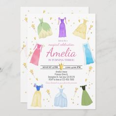 this is an image of a birthday party card with princess dresses and stars on it