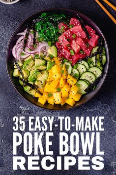 the cover of 35 easy to make poke bowl recipes