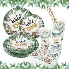 a party set with jungle animals and palm leaves on the background, includes plates, cups, napkins, and straws