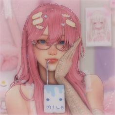 a girl with pink hair and glasses holding a milk container in front of her face