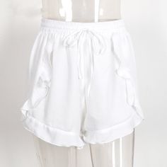 Style:CasualDecoration:Ruffles,SashesWaist Type:HighFit Type:LooseClosure Type:Elastic WaistPant Style:RegularMaterial Composition:Polyester White Bohemian Bottoms With Drawstring, Bohemian White Drawstring Bottoms, Solid Bottoms With Tie Waist For Vacation, Casual Beach Bottoms With Tie Waist, Casual Tie Waist Beach Bottoms, High Waist Tie Waist Shorts For Beach, Summer Beach Bottoms With Tie Waist, Summer Bottoms With Tie Waist For Day Out, Summer Tie Waist Bottoms For Beach