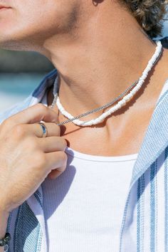 A unique staple stainless steel popcorn chain. Part of our new Men's Collection, but designed to be gender inclusive, it's sure to become as valuable as your favorite white tee. James is wearing the 20 Inch Length (Puka Shell Necklace sold separately). ✦ DETAILS ✦ ✧ Name: Kaiholo (kie-HO-lo) - moving sea. ✧ Thickness: 2.5mm. ✧ Stainless Steel. ✧ All Ke Aloha Jewelry pieces come packaged thoughtfully, beautifully, and ready for gift giving. ✧ Unless otherwise noted in the listing description, all Mens Puka Shell Necklace, White Beaded Necklace For Men, Puka Necklace Men, Mens Shell Necklace, Sea Shell Necklace Men, Puka Shell Necklace Men, Shell Necklace Men, Surfer Boy Aesthetic, Thursday Mood