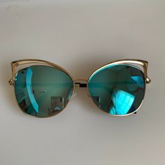 Never Used!! No Scratches. Teal Sunglasses, Blue Reflection, Reflective Sunglasses, Colored Sunglasses, Blue Gold, Sunglasses Accessories, Cat Eye, Color Blue, Women Accessories