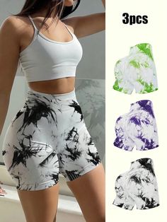 3pcs Tie Dye Wideband Waist Sports Shorts Multicolor    Fabric Tie Dye,Plants,All Over Print Seamless High Stretch  Women Activewear, size features are:Bust: ,Length: ,Sleeve Length: Dye Plants, Sports Shorts Women, Women Sports, Tie And Dye, Sports Shorts, Kids Sleepwear, Outdoor Woman, Bra Women