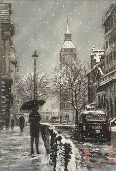 a painting of people with umbrellas walking in the snow on a city street near buildings