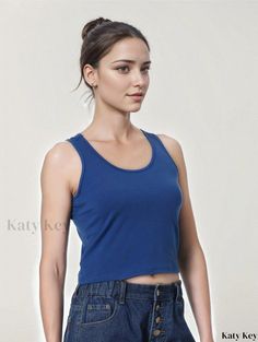 Katykey - High-Quality Crop Tank Top: Stylish and Versatile Sleeveless Top for Fashion-Conscious Women Trendy Blue Tank Vest, Trendy Blue Sleeveless Vest, Trendy Sleeveless Blue Vest, Blue Stretch Sleeveless Vest, Blue Summer Tank Top, Trendy Blue Cami Tank Top, Blue Camisole Vest For Summer, Casual Blue Tank Vest, Casual Blue Vest Crop Top