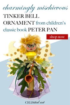 a book cover with an image of a doll in the center and text that reads,'charming misshecious tinker bel - ornament from children's classic book peter pan