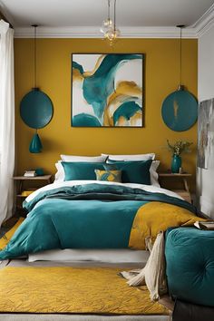 a bedroom with yellow and teal colors on the walls