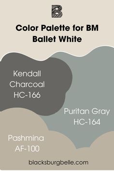 Kendall Charcoal, Puritan Gray, and Pashmina are some colors that combine well with Ballet White. They excuse neutrality without being boring or bland. Ballet White Color Palette, Bm Puritan Gray, Puritan Grey Benjamin Moore, Puritan Gray Benjamin Moore, Bm Ballet White, Benjamin Moore Ballet White, Ballet White, Kendall Charcoal, Being Boring