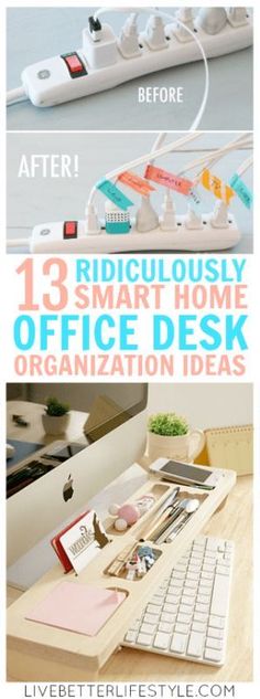 three different office desks with the words 13 ridiculously smart home office desk organization ideas