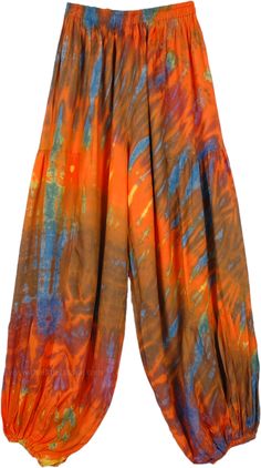 Light and fun, flattering and versatile harem pants, classic hippie pants with all over tie dye work.  They feature an elastic waistband and elastic at the ankles and are perfect for mixing and matching for different looks. #tlb #SplitSkirtsPants #vacationclothing #beachwrap #TieDye #bohemianfashion #hippieharempants #orangehippiepants #rainbowgatheringclothing #hippiewidelegpants Multicolor Hippie Harem Pants For Spring, Hippie Multicolor Harem Pants For Spring, Baggy Multicolor Harem Pants For Summer, Summer Multicolor Baggy Harem Pants, Summer Multicolor Relaxed Fit Harem Pants, Tie-dye Hippie Harem Pants For Festivals, Tie Dye Hippie Harem Pants For Festivals, Hippie Tie Dye Harem Pants For Festivals, Bohemian Batik Print Summer Bottoms