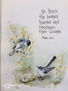 watercolor painting of two birds with bible verse on the back and yellow flowers behind them