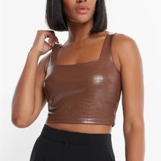 Body Contour Collection Brown Cropped Faux Leather Cropped Tank New With Tags Size Xs Metallic Crop Top, Peplum Crop Top, Leather Crop Top, Light Blue Top, Body Contour, Sweater Crop, Tank Top Camisole, Crop Top Sweater, Lace Crop Tops