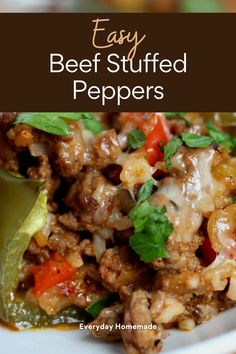 easy beef stuffed peppers recipe on a white plate with a green pepper in the middle