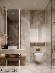 a modern bathroom with marble walls and flooring