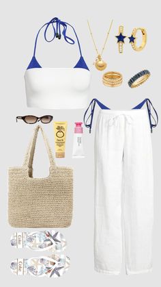 a woman's white and blue outfit with accessories including a straw bag, sun glasses, sunglasses, bracelets