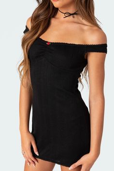 Patrice Off Shoulder Pointelle Mini Dress – edikted Mini Dress Off Shoulder, 2000 Fashion, Dress Off Shoulder, Seductive Clothes, Swimwear Dress, Mini Cocktail Dress, Aesthetic Outfits, S Models, Mini Black Dress