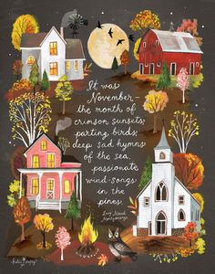 an instagram page with a drawing of houses and trees in the fall, surrounded by autumn leaves