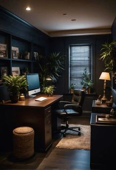 a home office with plants in the corner