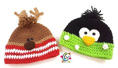 two knitted hats with animals on them, one is green and the other is brown