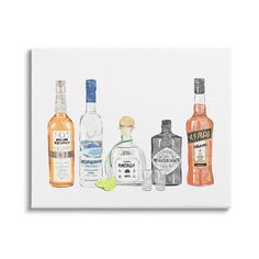 watercolor painting of liquor bottles and limes on a white background with the words alcohol written below it