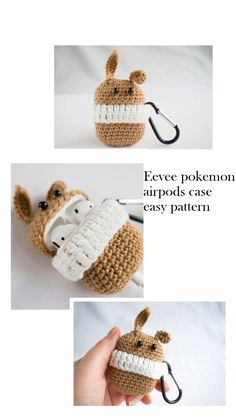 a crocheted stuffed animal holding a hook in it's mouth and wearing a sweater