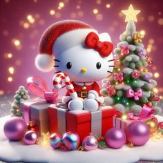 a hello kitty christmas scene with a tree and presents